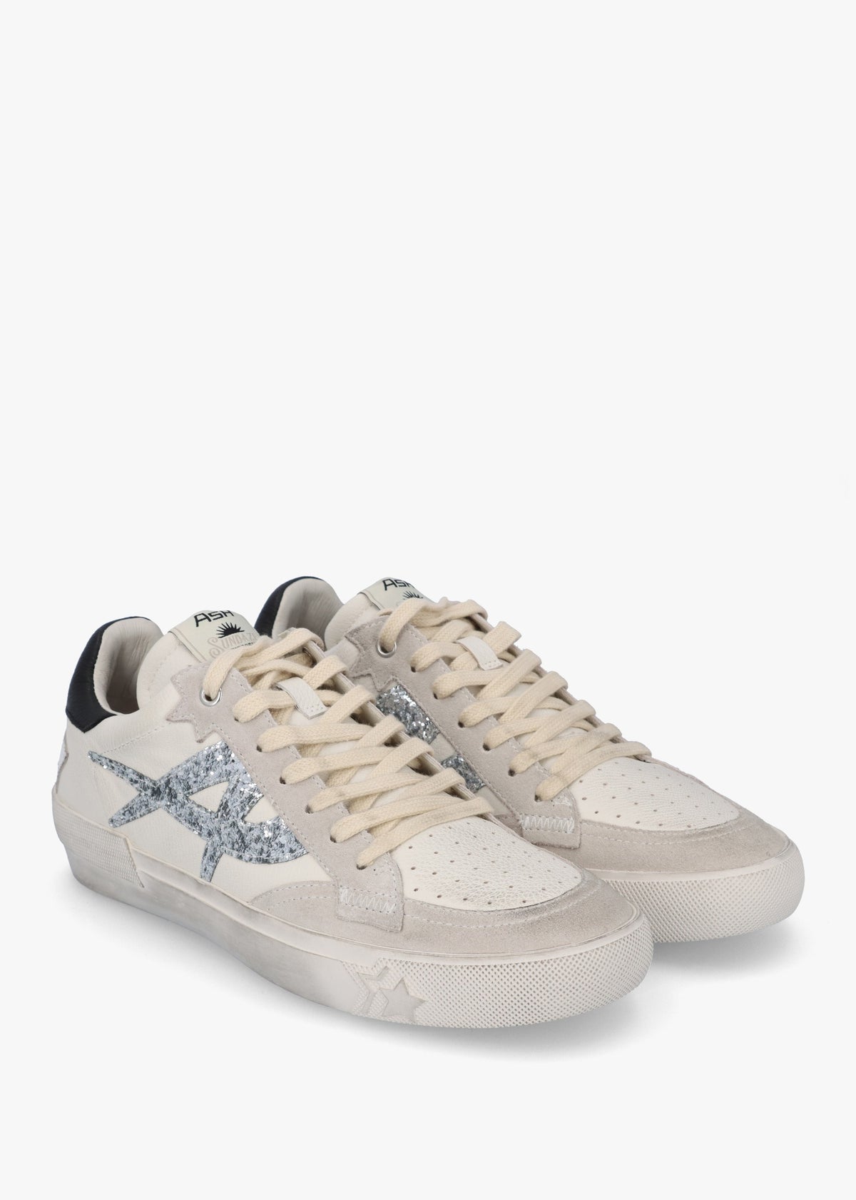 Moonlight Off White New Grey Silver Black Distressed Leather Trainers