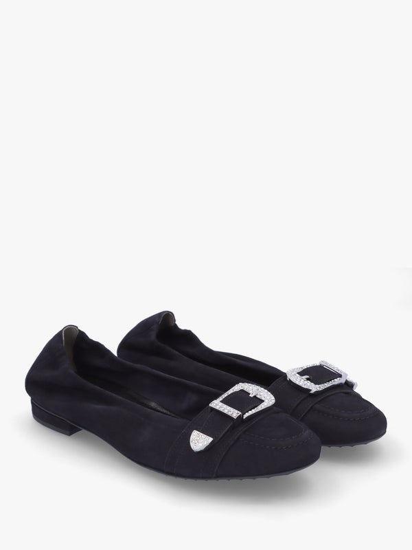 Malu Buckle Ocean Crystal Suede Ballet Pumps