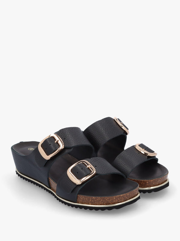 Ibuckle Black Leather Two Bar Low Wedge Mules