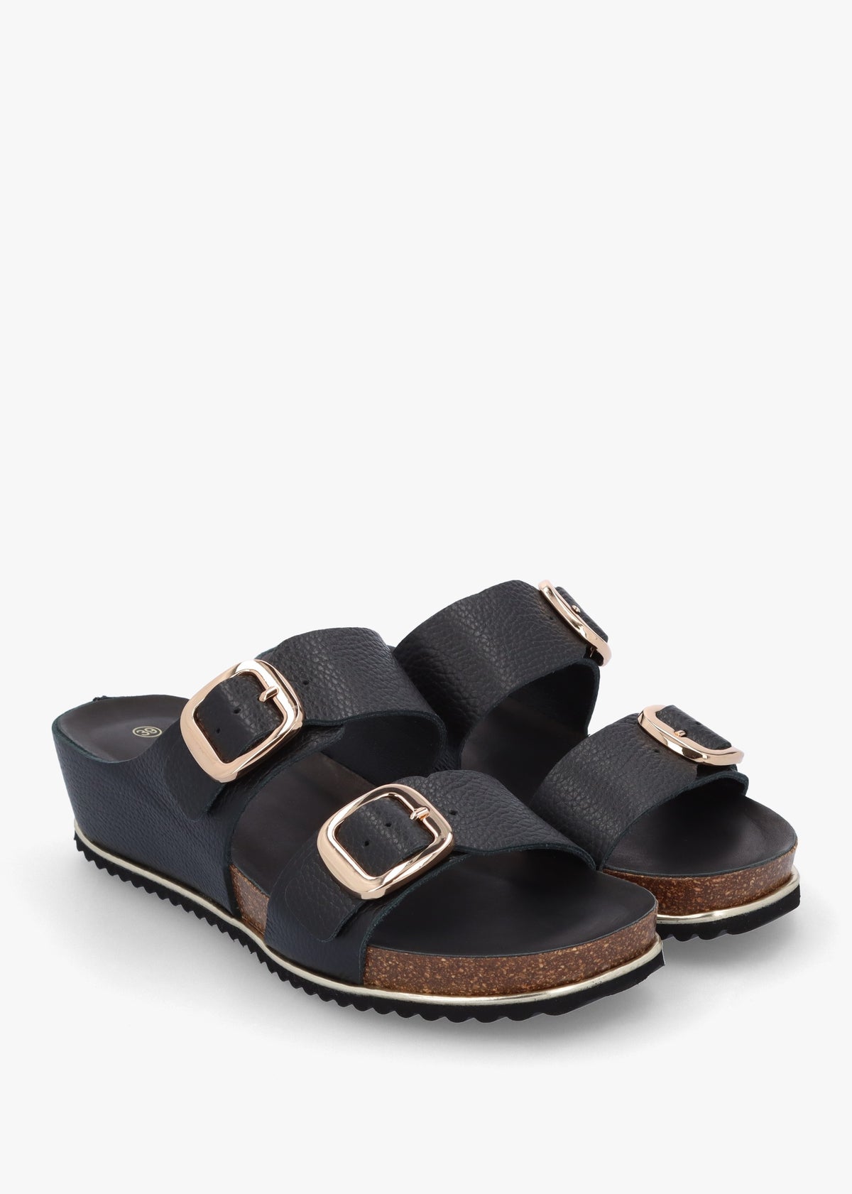 Ibuckle Black Leather Two Bar Low Wedge Mules