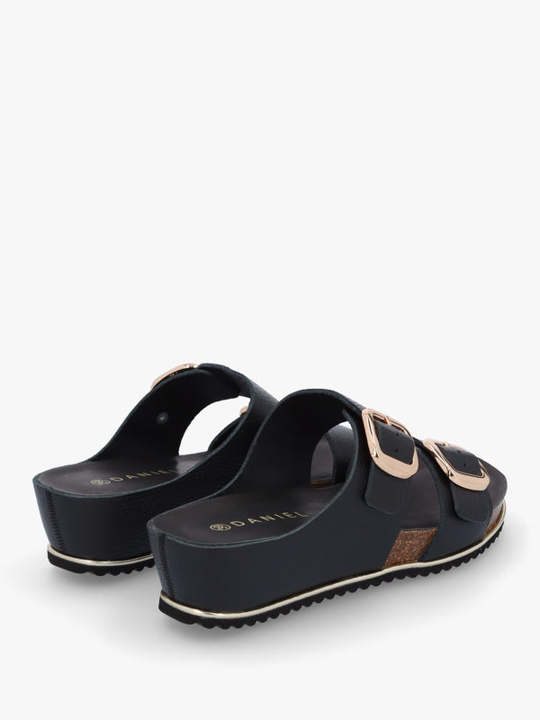Ibuckle Black Leather Two Bar Low Wedge Mules