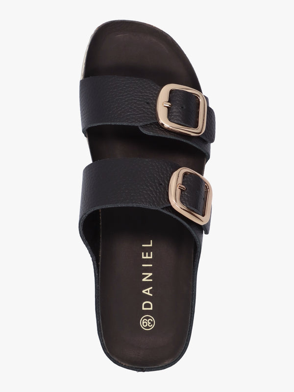 Ibuckle Black Leather Two Bar Low Wedge Mules
