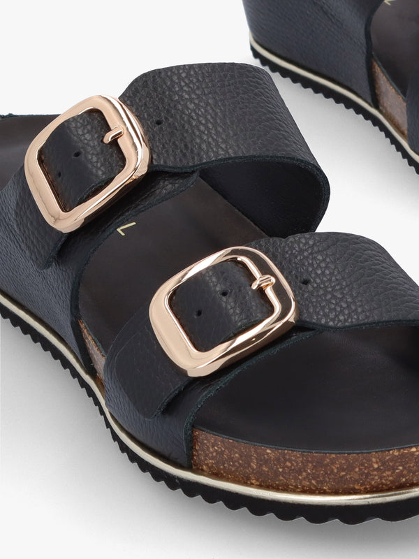 Ibuckle Black Leather Two Bar Low Wedge Mules