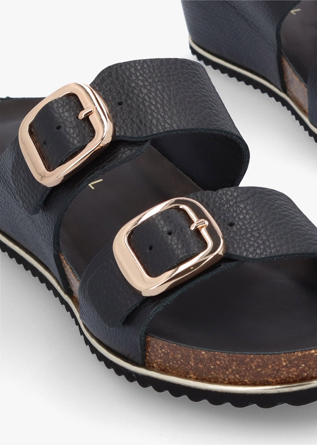 Ibuckle Black Leather Two Bar Low Wedge Mules