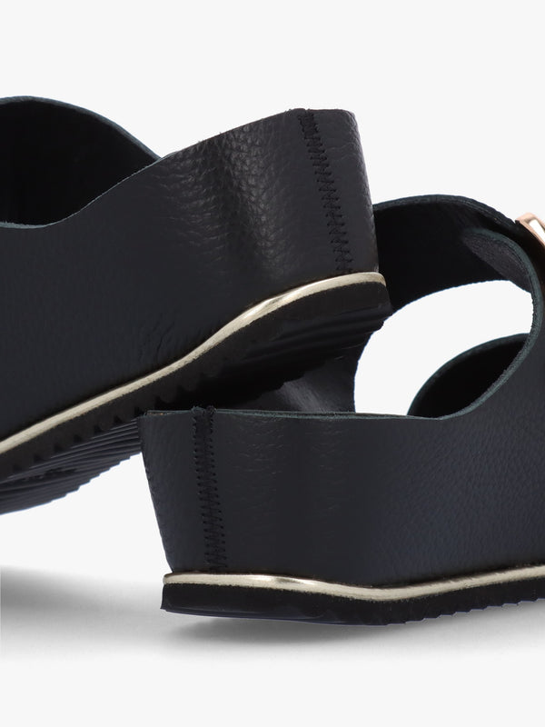 Ibuckle Black Leather Two Bar Low Wedge Mules