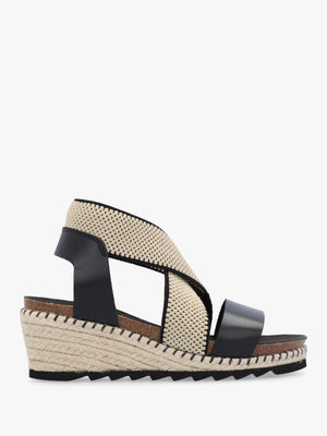 Iwedge Black Leather Elasticated Cross Strap Wedge Sandals