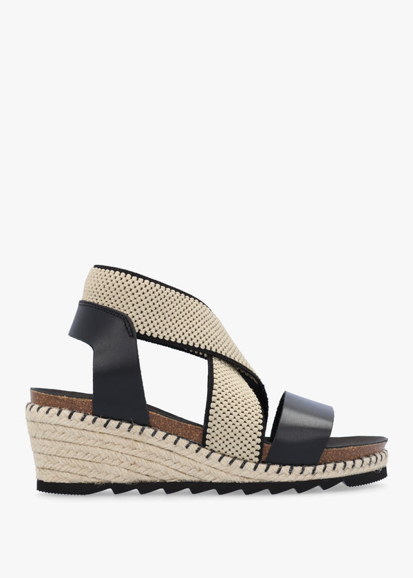 Iwedge Black Leather Elasticated Cross Strap Wedge Sandals