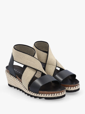 Iwedge Black Leather Elasticated Cross Strap Wedge Sandals
