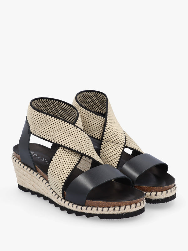 Iwedge Black Leather Elasticated Cross Strap Wedge Sandals