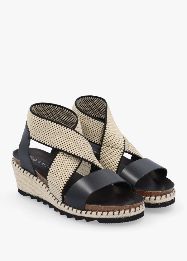 Iwedge Black Leather Elasticated Cross Strap Wedge Sandals