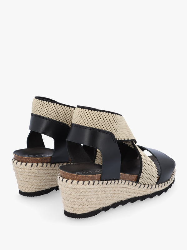 Iwedge Black Leather Elasticated Cross Strap Wedge Sandals