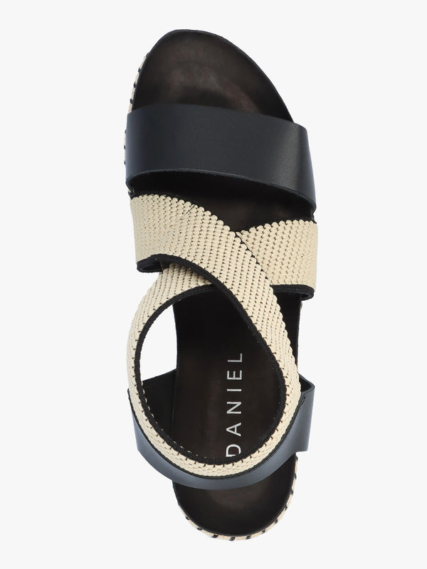 Iwedge Black Leather Elasticated Cross Strap Wedge Sandals