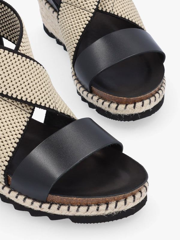 Iwedge Black Leather Elasticated Cross Strap Wedge Sandals