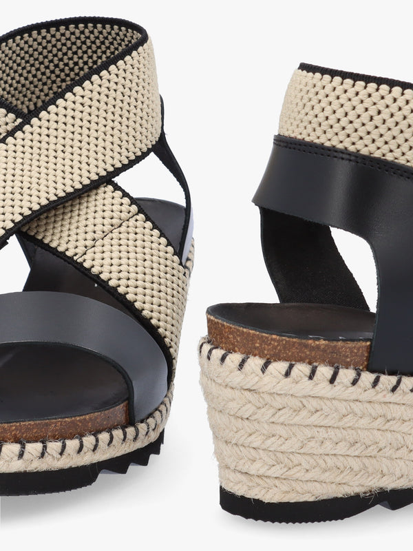 Iwedge Black Leather Elasticated Cross Strap Wedge Sandals