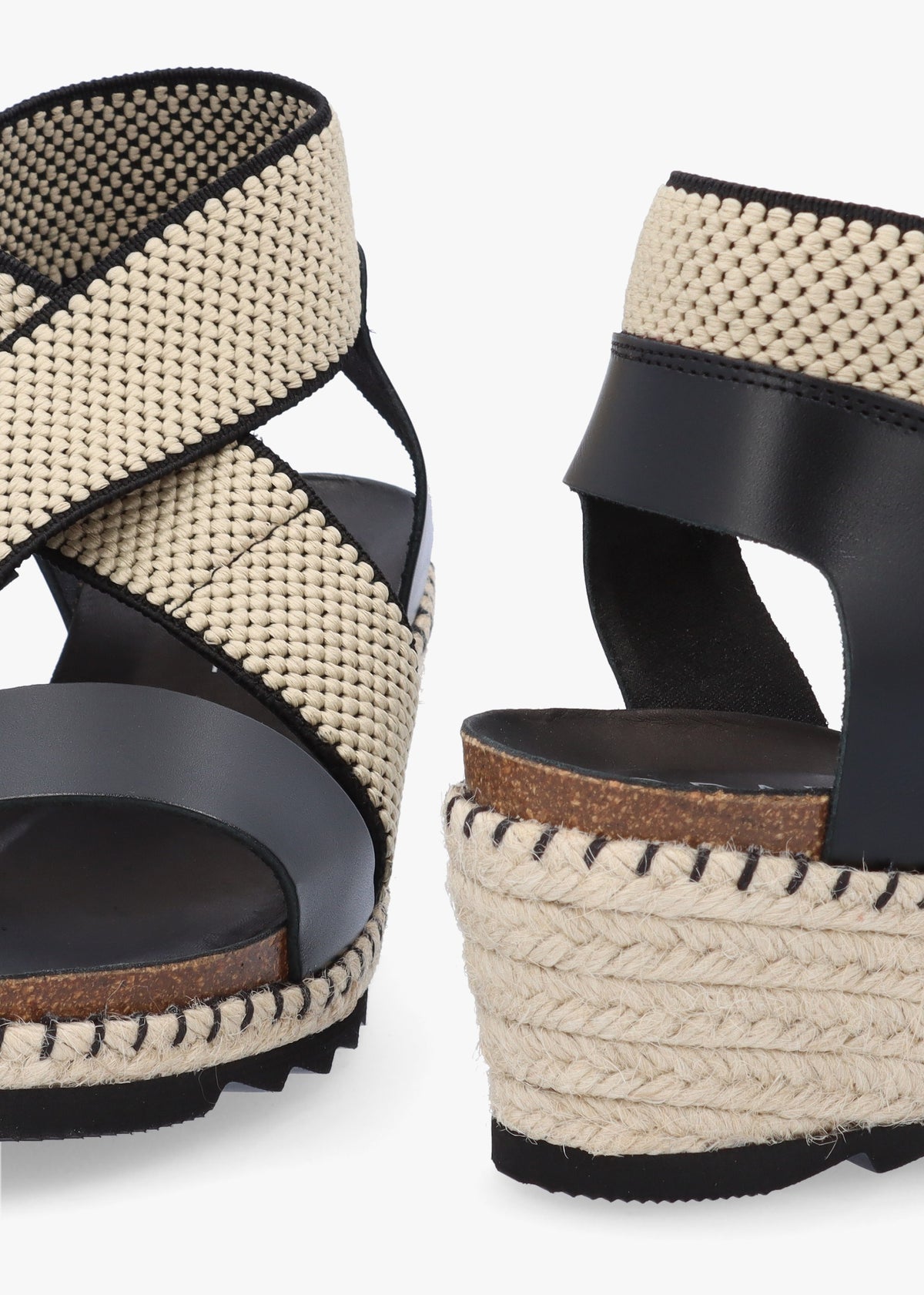 Iwedge Black Leather Elasticated Cross Strap Wedge Sandals