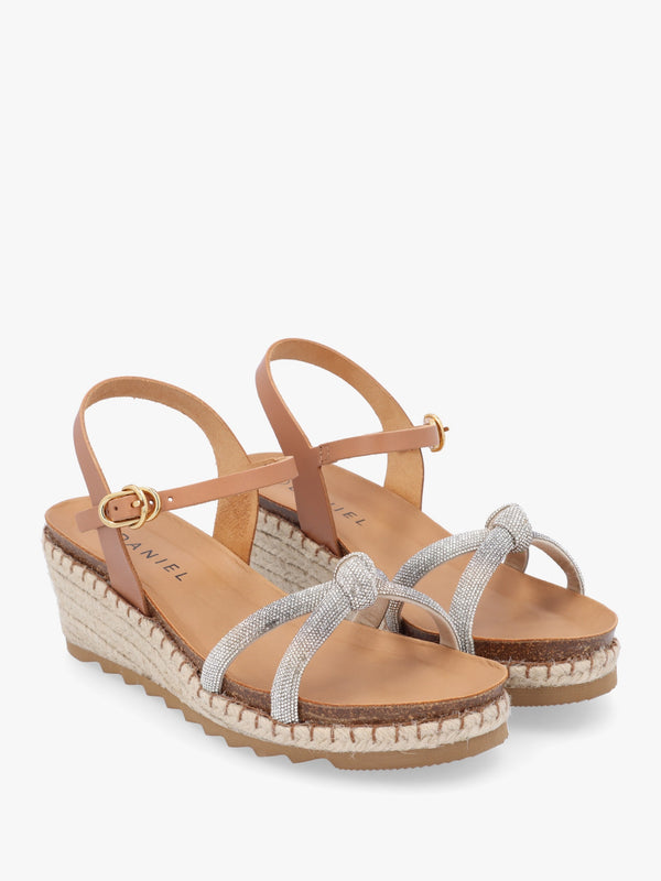 Iknot Diamante Knot Tan Leather Low Wedge Sandals