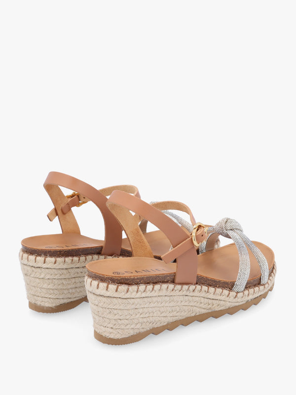 Iknot Diamante Knot Tan Leather Low Wedge Sandals