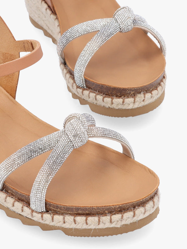 Iknot Diamante Knot Tan Leather Low Wedge Sandals