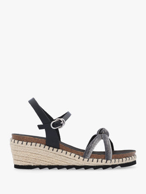Iknot Diamante Knot Black Leather Low Wedge Sandals
