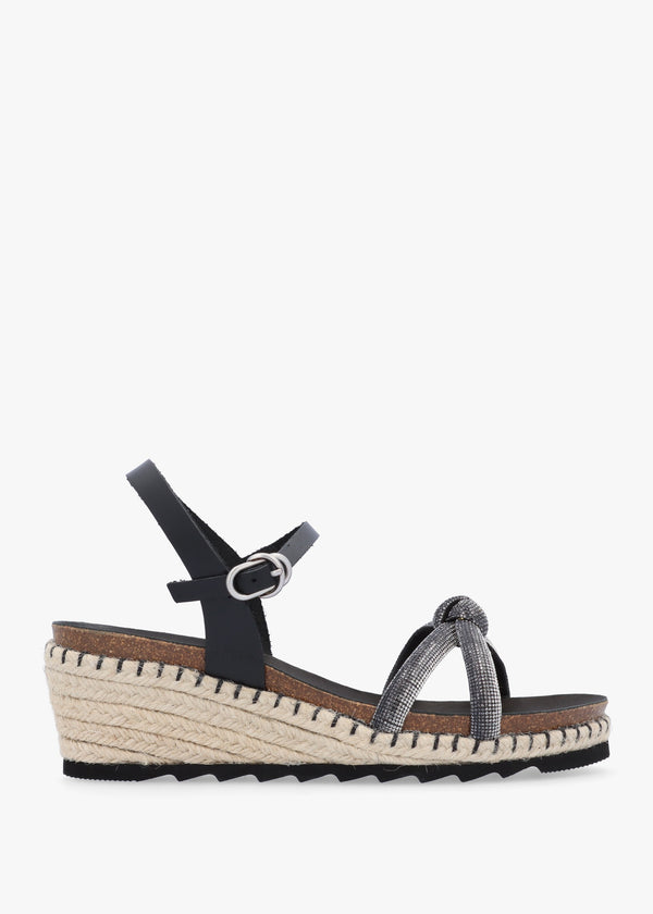 Iknot Diamante Knot Black Leather Low Wedge Sandals