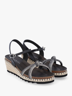 Iknot Diamante Knot Black Leather Low Wedge Sandals