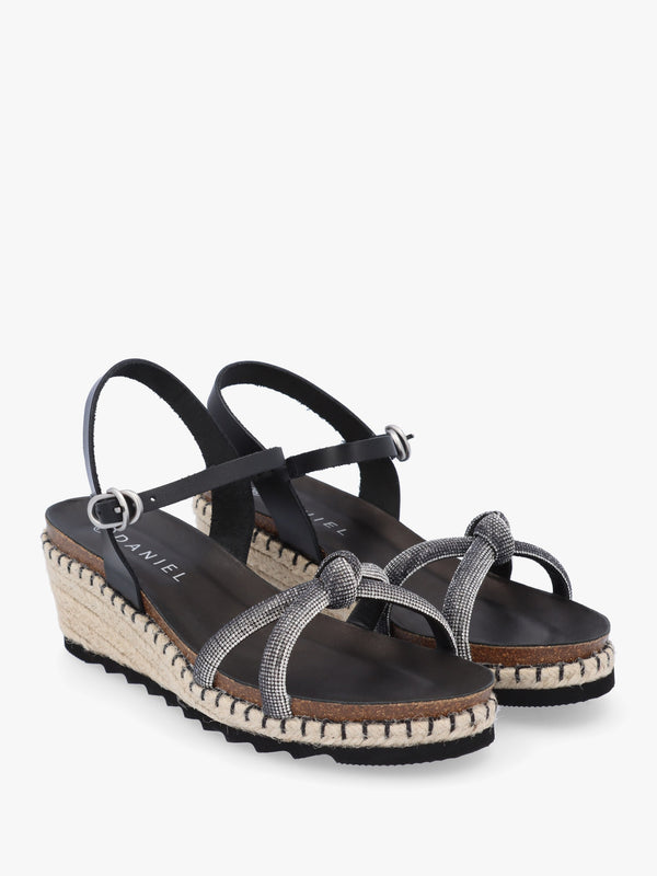 Iknot Diamante Knot Black Leather Low Wedge Sandals
