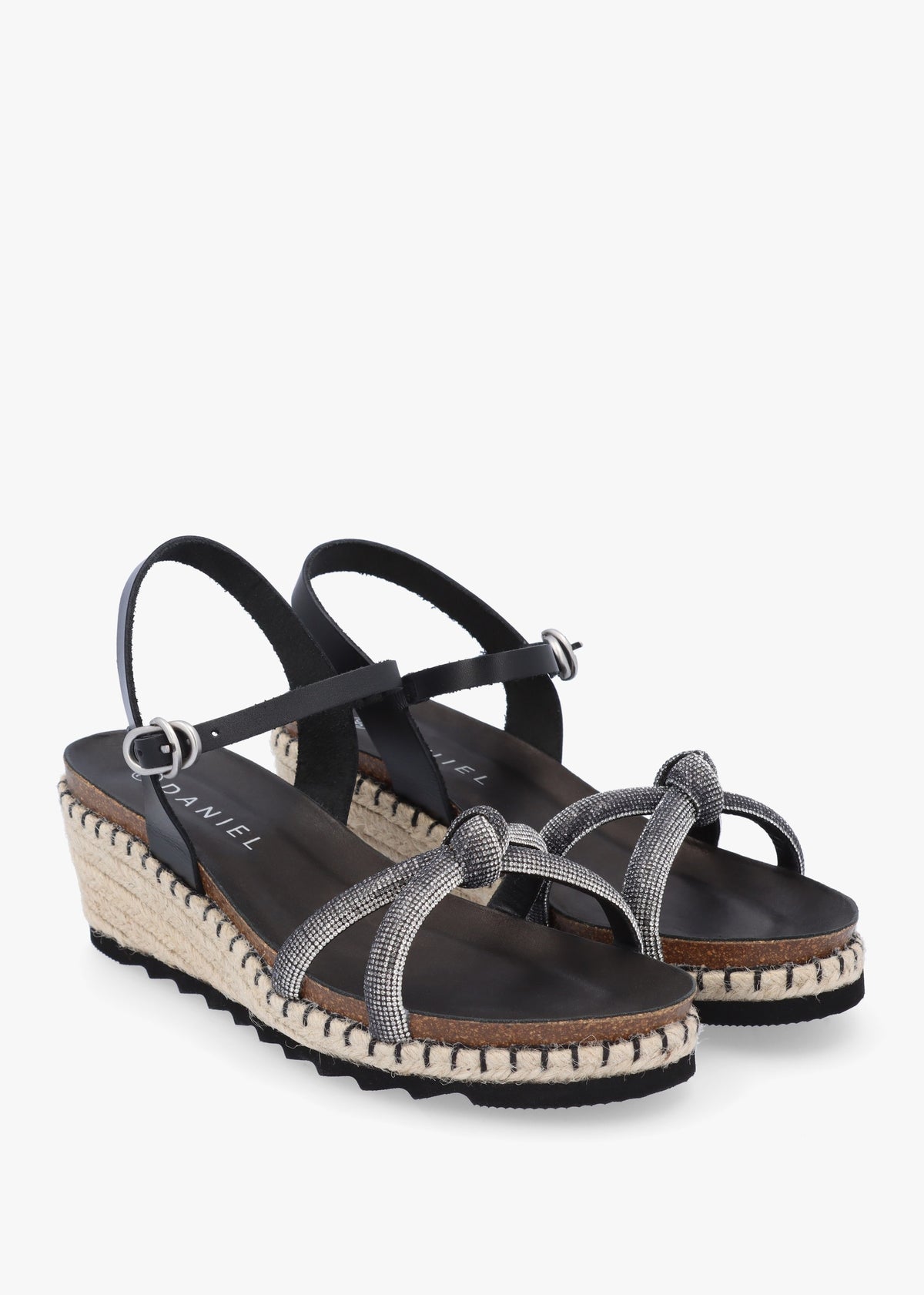 Iknot Diamante Knot Black Leather Low Wedge Sandals