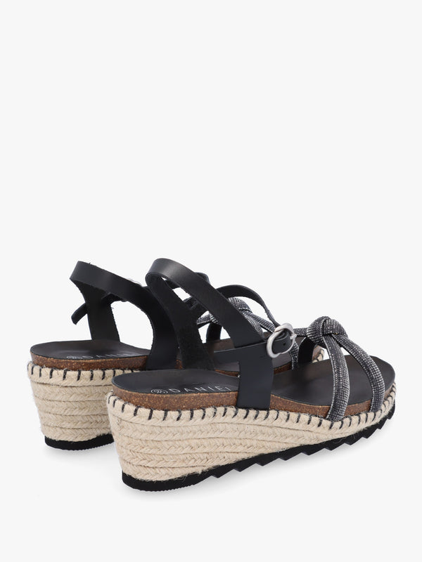 Iknot Diamante Knot Black Leather Low Wedge Sandals