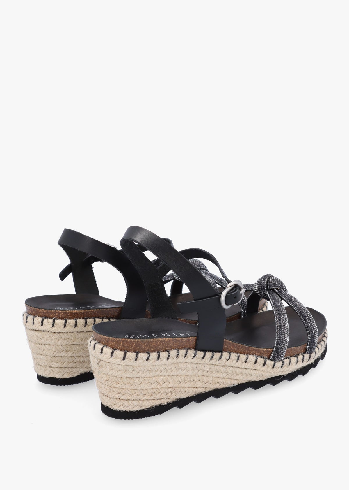 Iknot Diamante Knot Black Leather Low Wedge Sandals