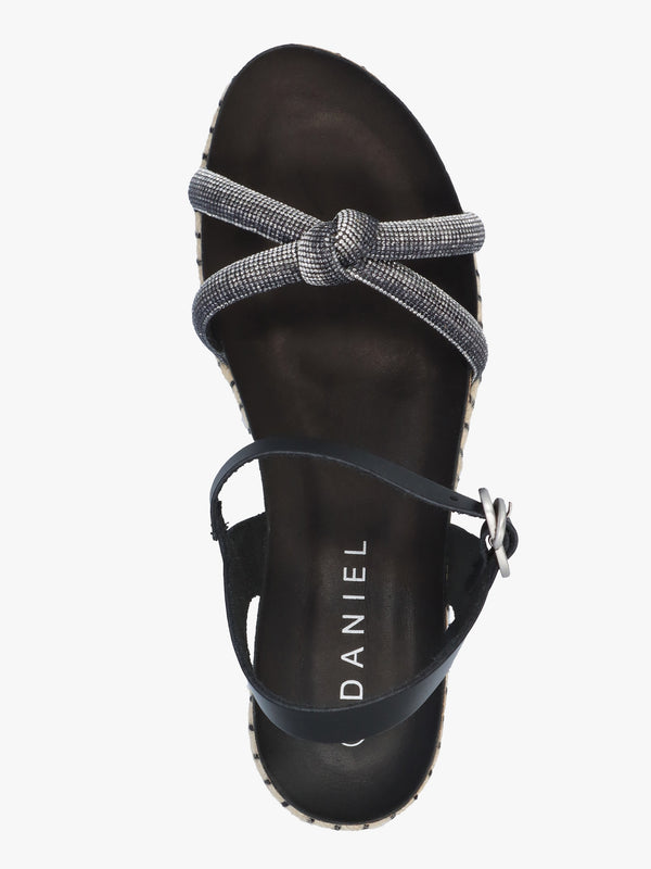 Iknot Diamante Knot Black Leather Low Wedge Sandals