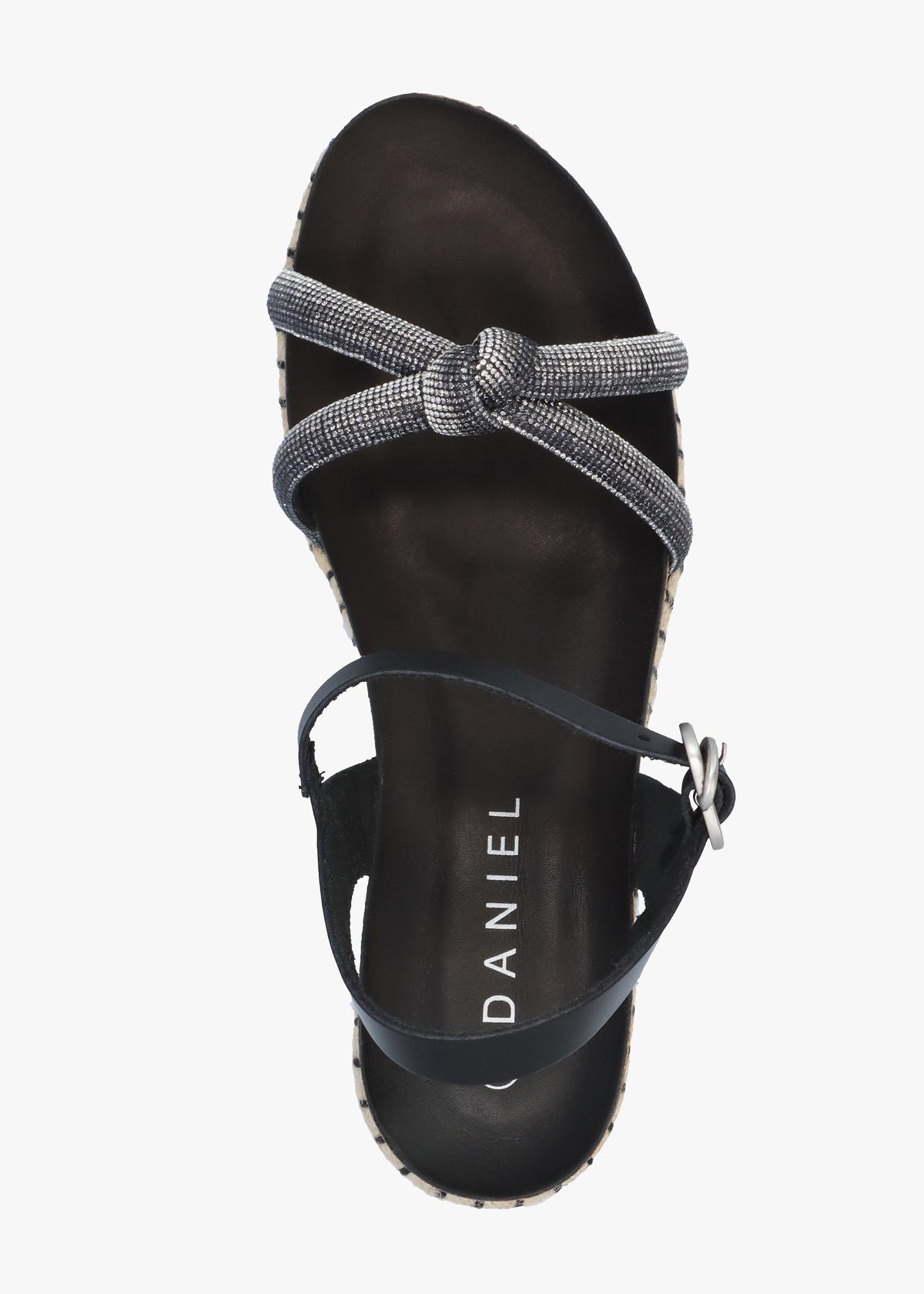 Iknot Diamante Knot Black Leather Low Wedge Sandals