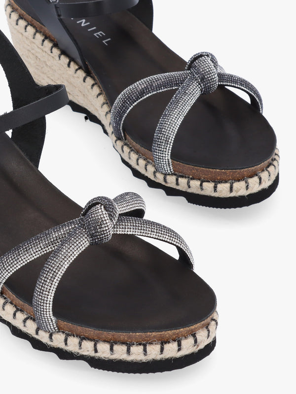 Iknot Diamante Knot Black Leather Low Wedge Sandals