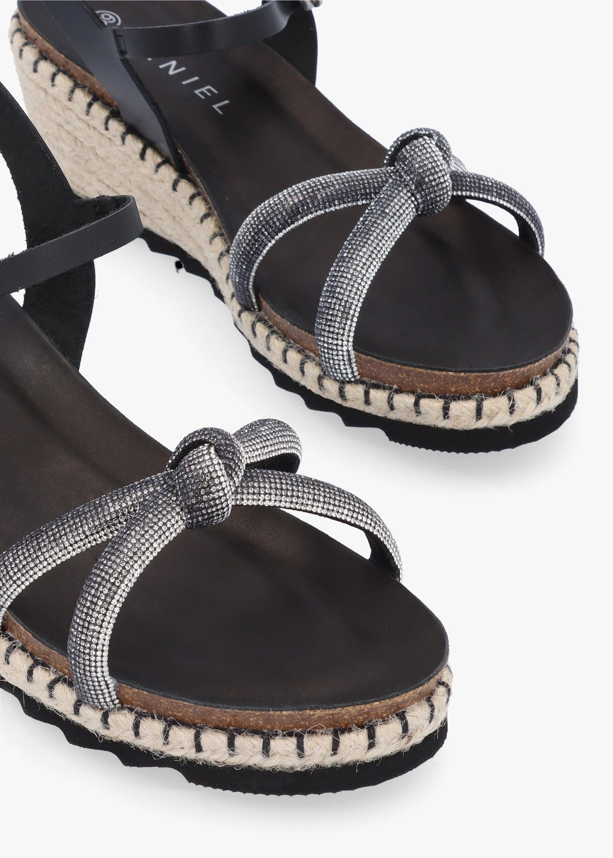 Iknot Diamante Knot Black Leather Low Wedge Sandals