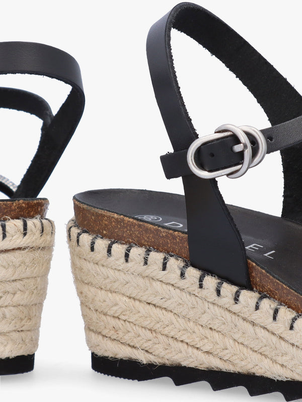 Iknot Diamante Knot Black Leather Low Wedge Sandals