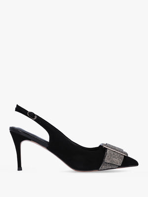 Samantha Black Suede Diamante Buckle Heeled Sling Backs