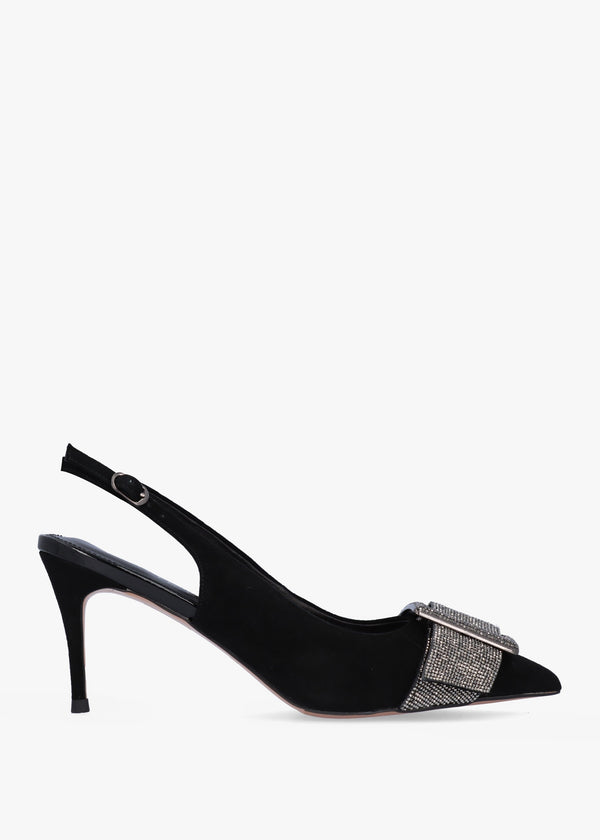 Samantha Black Suede Diamante Buckle Heeled Sling Backs