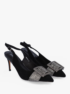 Samantha Black Suede Diamante Buckle Heeled Sling Backs