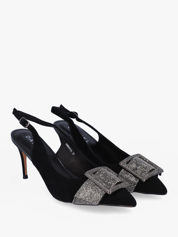 Samantha Black Suede Diamante Buckle Heeled Sling Backs