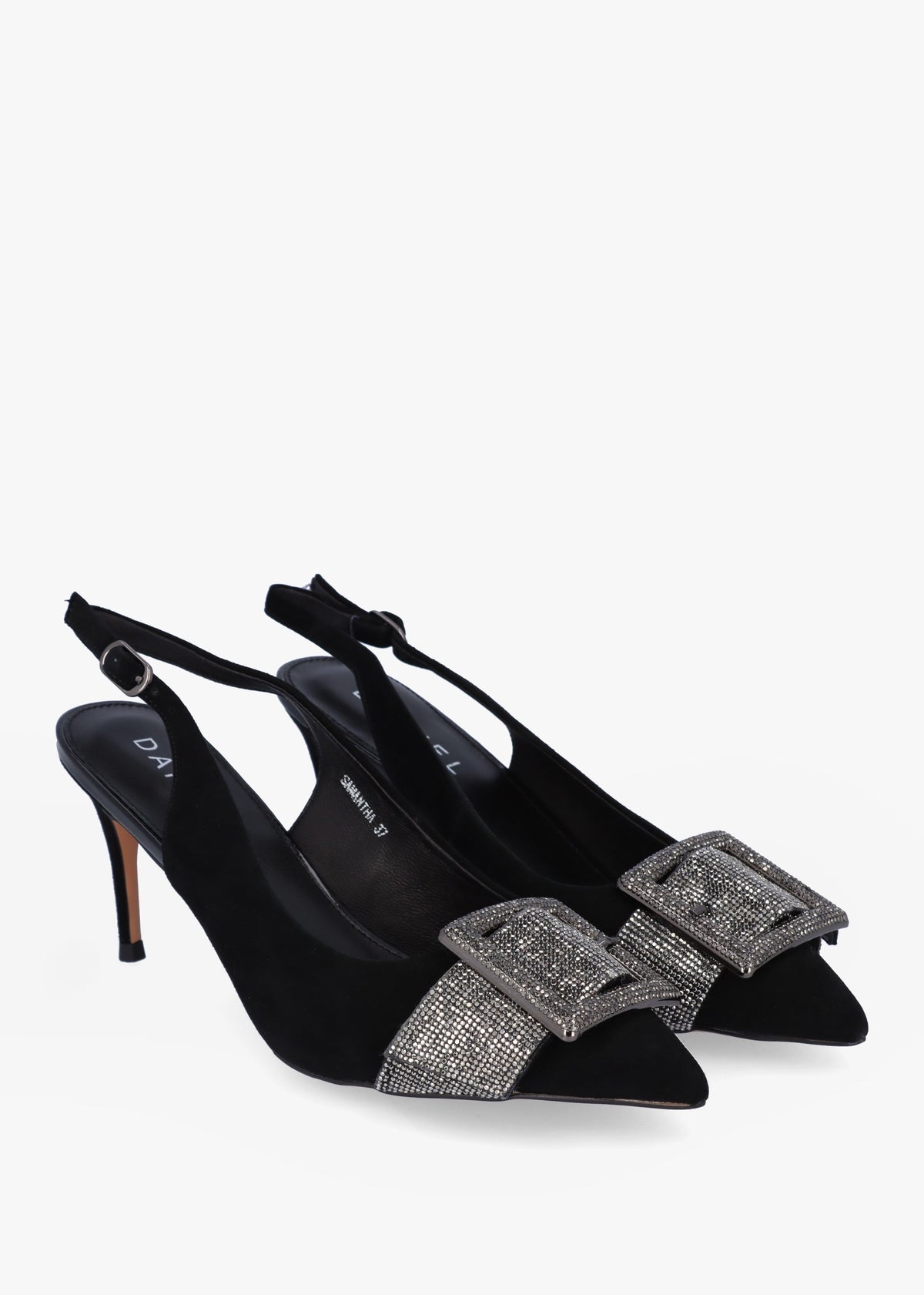 Samantha Black Suede Diamante Buckle Heeled Sling Backs