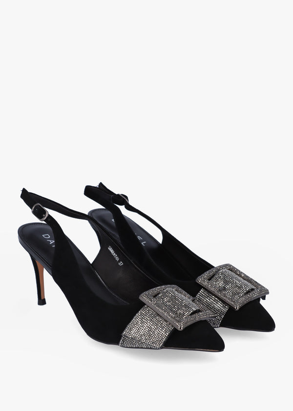 Samantha Black Suede Diamante Buckle Heeled Sling Backs