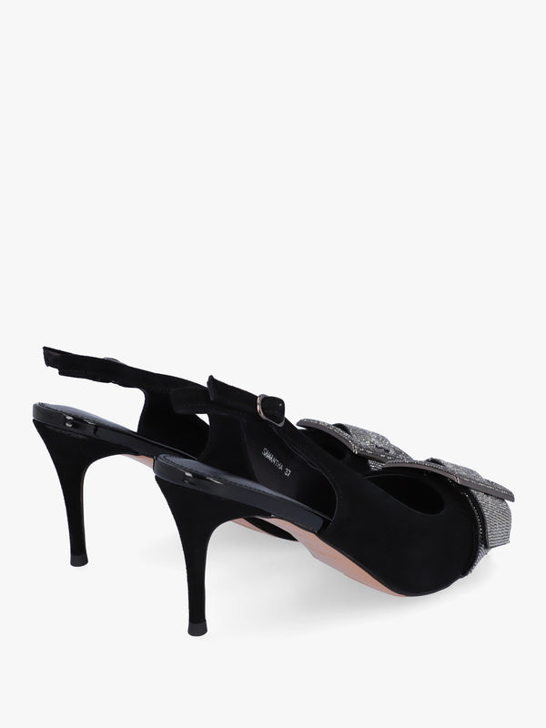 Samantha Black Suede Diamante Buckle Heeled Sling Backs
