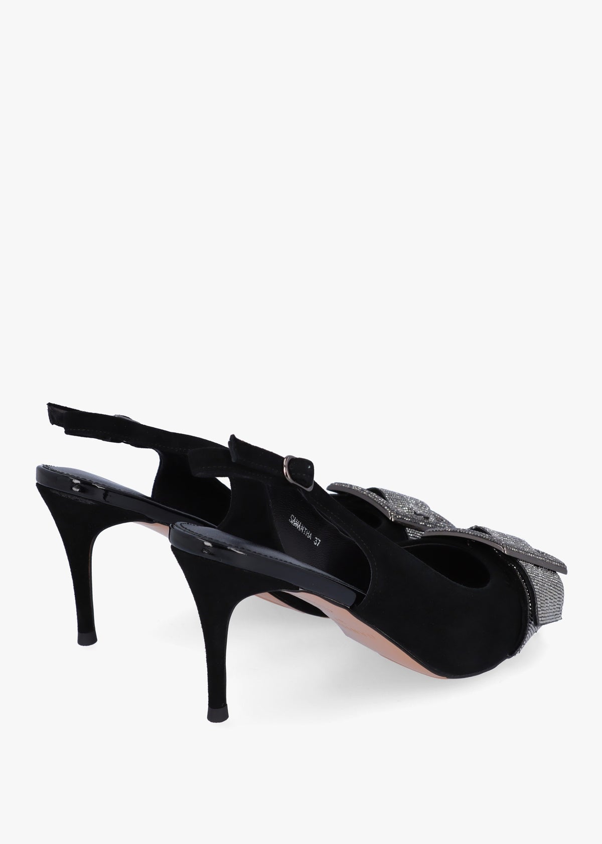 Samantha Black Suede Diamante Buckle Heeled Sling Backs