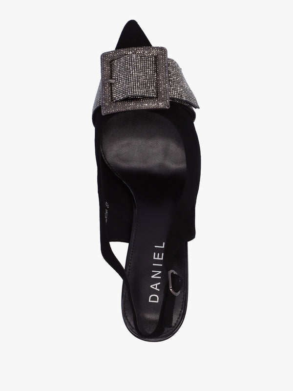 Samantha Black Suede Diamante Buckle Heeled Sling Backs