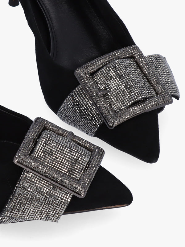 Samantha Black Suede Diamante Buckle Heeled Sling Backs
