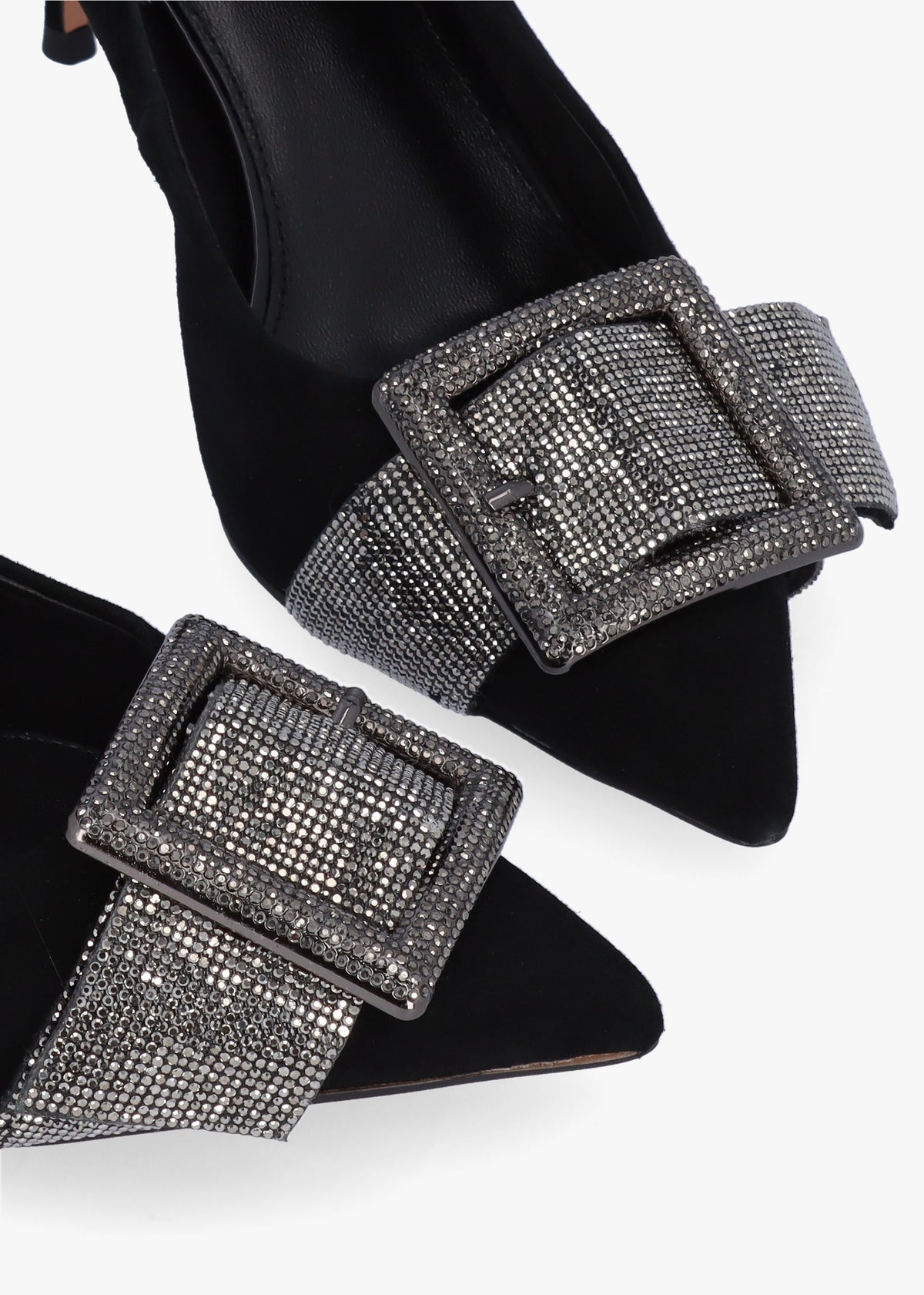 Samantha Black Suede Diamante Buckle Heeled Sling Backs