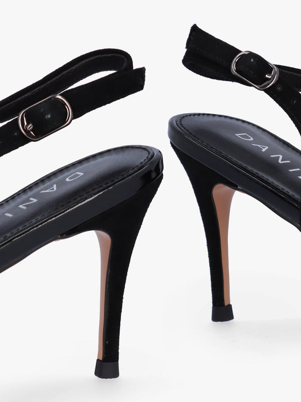 Samantha Black Suede Diamante Buckle Heeled Sling Backs
