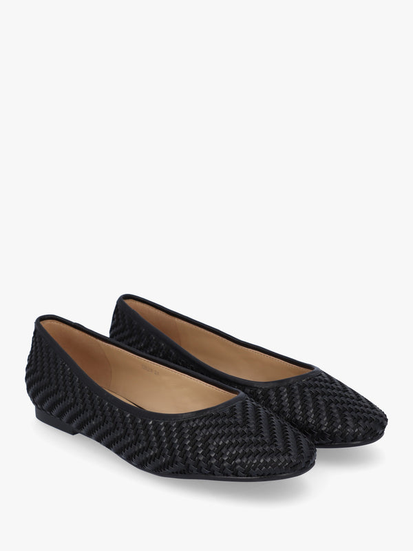 Sally Black Leather Woven Ballet Pumps