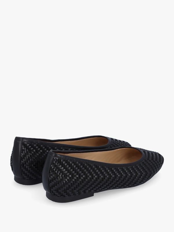 Sally Black Leather Woven Ballet Pumps