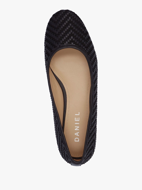 Sally Black Leather Woven Ballet Pumps