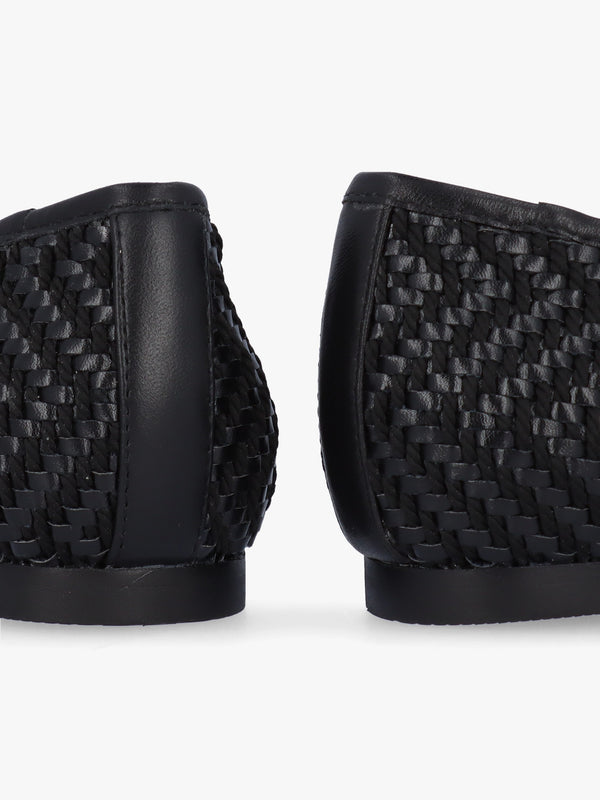 Sally Black Leather Woven Ballet Pumps